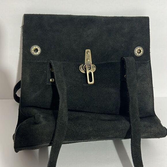 Franchi Black Suede Buckle Front Square Flap Double Handle Shoulder Bag - Picture 2 of 7